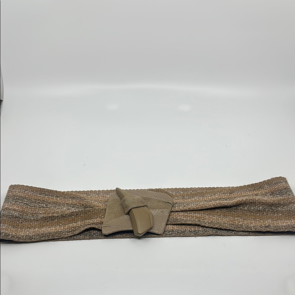 Neutral Fabric Wide Belt with Suede & snakeskin Buckle, Sz Med